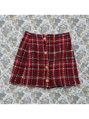 GOODNIGHT MACAROON Red Black Gold Boucle Skirt Size XS